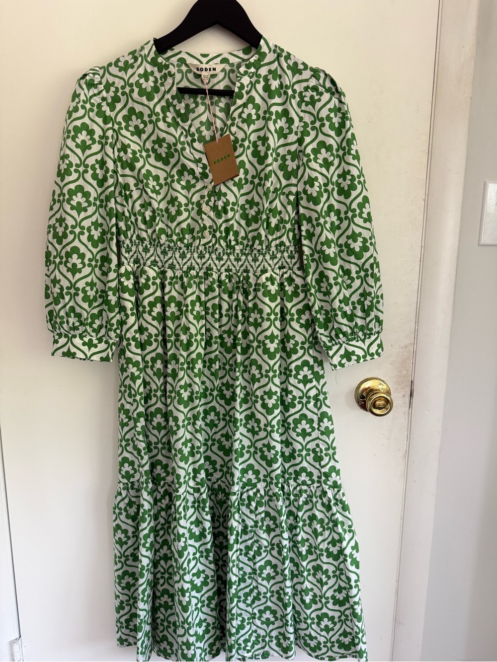 Boden Green and White Printed Smocked Midi Dress